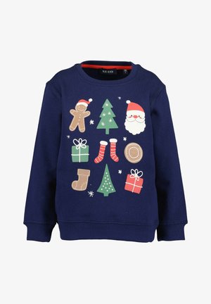 Sweat-shirt pour enfants bleu marine avec des motifs sur le thème de Noël : bonhomme en pain d'épice, visage du Père Noël, arbres, cadeaux, bas de Noël, chaussettes rayées et biscuit.