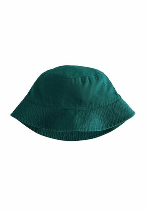 Dunkelgrüner Baumwoll-Bucket-Hut mit gestepptem Rand und Belüftungsösen vor weißem Hintergrund.
