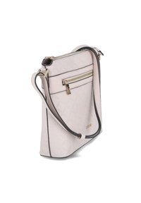 Helles, strukturiertes synthetisches Handtasche mit goldenen Beschlägen, verstellbarem Schultergurt, vorderer Reißverschlusstasche und kontrastierendem dunklem Rand.