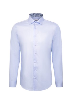 Light blue long-sleeve men's dress shirt with button closure and patterned inner collar detail, displayed on white background.