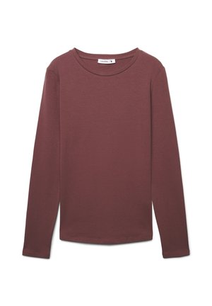 Maglietta aderente a maniche lunghe con collo tondo in un mauve tenue, design semplice e piccola etichetta sulla linea del collo.