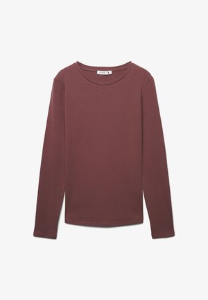 Maglietta aderente a maniche lunghe con collo tondo in un mauve tenue, design semplice e piccola etichetta sulla linea del collo.