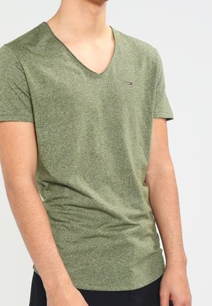 Korte mouwen groene V-hals T-shirt van een textuurrijke, gemêleerde stof met een klein logo op de borst, getailleerd design en een gebogen zoom.