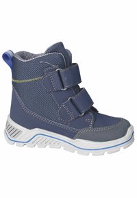 Botas infantiles de la Marina con parte superior de malla, dos correas ajustables de Velcro, suela de goma, acentos en gris y suela blanca con ribete azul.