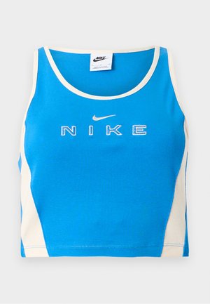 Blauw-witte cropped Nike tanktop met geborduurd Nike-logo en swoosh aan de voorkant, ronde halslijn, mouwloos ontwerp.