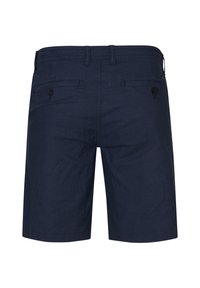 Pantalones cortos de algodón azul marino con una textura suave, que cuentan con dos bolsillos traseros con botones y un diseño de corte recto.