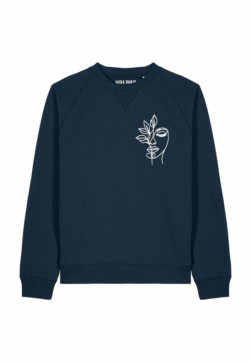 Felpa blu navy con collo rotondo, con un disegno a linea bianca di un volto e foglie sulla parte sinistra del petto. Tessuto morbido.