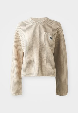 Suéter beige de canalé con cuello redondo, mangas largas y un bolsillo en el pecho que presenta una etiqueta con logo. Tejido de punto texturizado.