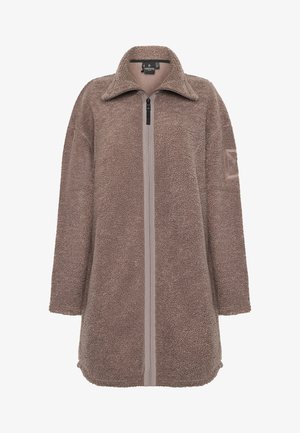 Brown fleece jacket with a stand collar, front zipper, and long sleeves. Textured, plush fabric with a rectangular patch on the sleeve.