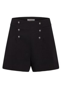 Shorts noirs avec une taille haute, quatre boutons décoratifs à l'avant et des poches latérales. Confectionnés dans un tissu lisse avec une coupe ajustée.