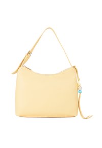 Borsa a spalla in pelle gialla con una forma curva, chiusura con cerniera e un tassello decorativo. Presenta una tracolla regolabile e accessoriature in argento.