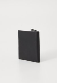 Black leather wallet with a minimalist design, featuring a vertical orientation, smooth texture, and sleek edges.