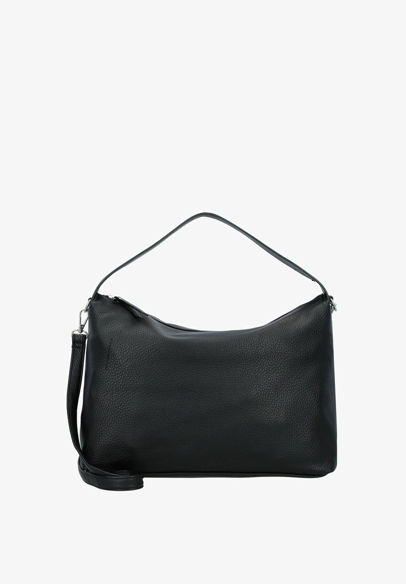 Borsa a mano in pelle nera con una texture a grana, dotata di un unico manico superiore e di una tracolla regolabile. Chiusura con zip nella parte superiore.