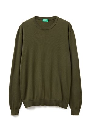 Jersey verde oliva, hecho de un material de punto suave, cuenta con un escote redondo, mangas largas y puños y dobladillo acanalados. Diseño simple.