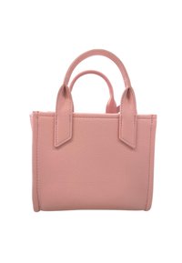 Mini borsa a spalla rosa realizzata in pelle granulata, con due manici corti, forma quadrata e dettagli di cucitura visibili.
