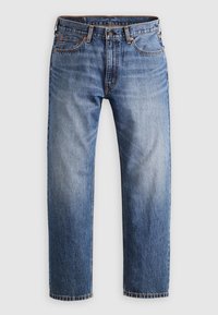 Jean denim bleu à jambe droite avec design classique à cinq poches et fermeture par bouton, présenté à plat sur un fond clair.