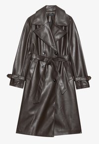 Brown faux leather trench coat with a double-breasted front, wide lapels, a tied belt, and buttoned accents on the sleeves.