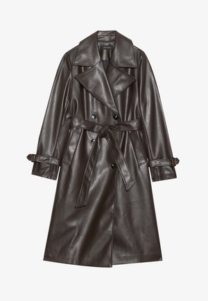 Brown faux leather trench coat with a double-breasted front, wide lapels, a tied belt, and buttoned accents on the sleeves.