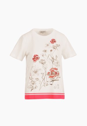 Weißes Kurzarmhemd mit floralem Muster in Rot- und Beigetönen und einem roten Streifendetail am unteren Saum.