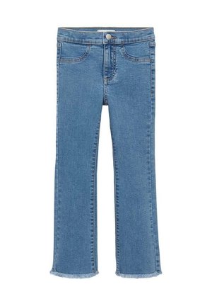 Jean en denim bleu avec boutons et fermeture éclair à l'avant, deux poches avant et ourlets légèrement effilochés en bas.