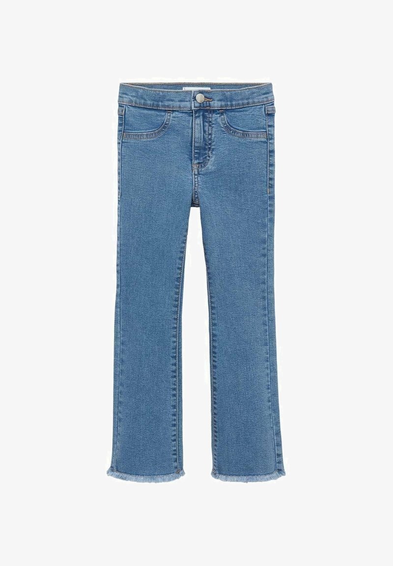 Jean en denim bleu avec boutons et fermeture éclair à l'avant, deux poches avant et ourlets légèrement effilochés en bas.