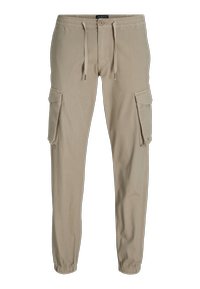 Béžové cargo nohavice s elastickým pásom, šnúrkou, zapínaním na gombík, klopovými vreckami na bokoch a elastickými manžetami pri členkoch.