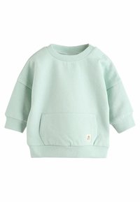 Mintgroene sweatshirt gemaakt van zachte stof, met een vo zak en ribgebreide manchetten bij de mouwen en onderkant. Inclusief drukknoopjes op de schouder.