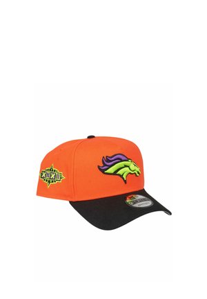 Orange and black baseball cap with neon green and purple horse logo on front and Super Bowl XXXII patch on side.
