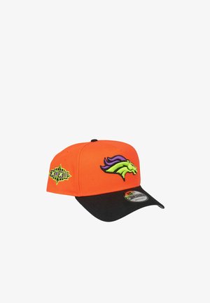 Orange and black baseball cap with neon green and purple horse logo on front and Super Bowl XXXII patch on side.