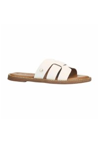 White leather slide sandals with two wide straps, brown faux leather insole, and a decorative stitch along the edge.