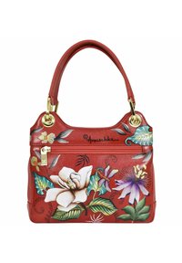Rote Ledertasche mit floralen Mustern. Ausgestattet mit goldenen Beschlägen, einem einzigen geschwungenen Griff und einem Reißverschlussfach. Dekorative Farbakzente.