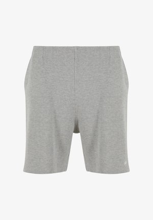 Pelēki sporta šorti, izgatavoti no teksturētas auduma, ar elastīgu jostu un divām sānu kabatām. Dizains ir vienkāršs, bez redzamām rakstām.