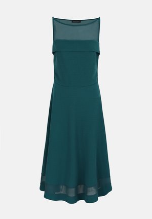 Ärmelloses dunkelpetrolfarbenes A-Linien-Kleid mit transparentem obere Brustbereich, gefaltetem Stoffdetail über der Brust und transparentem Saumband.