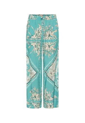 Türkiissinised laiade säärtega püksid kreemika lillemustriga, elastse vöökohaga ja ees paelaühendusega detailiga.