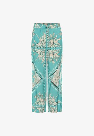 Türkiissinised laiade säärtega püksid kreemika lillemustriga, elastse vöökohaga ja ees paelaühendusega detailiga.