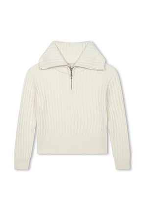 Maglione lavorato a maglia color crema con colletto alto, zip frontale a metà e texture a coste. Lunghezza cropped con polsini e orlo aderenti.
