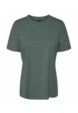 Short-sleeve t-shirt in dark green cotton, featuring a round neckline and a relaxed fit. Smooth texture with minimal detailing.