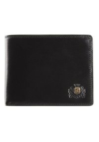 Portefeuille en cuir noir avec une texture lisse, design pliable en deux, et un emblème rehaussé d'or dans le coin inférieur droit.