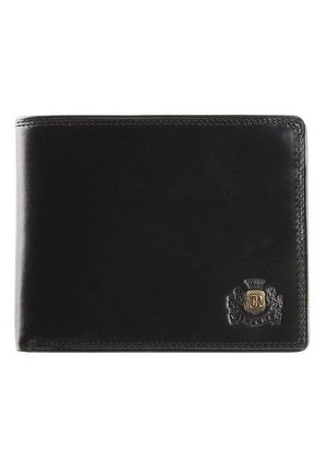 Black leather wallet with a smooth texture, bi-fold design, and a gold-accented emblem on the lower right corner.