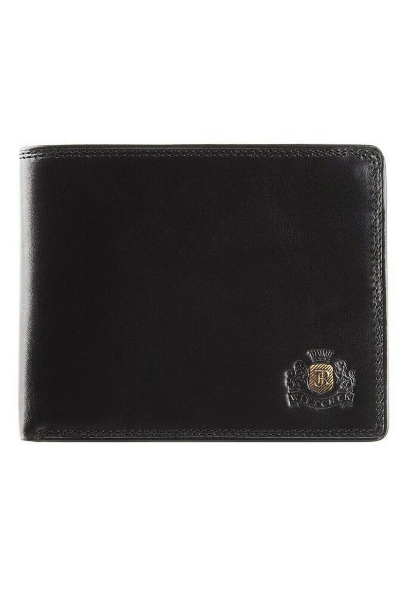 Portefeuille en cuir noir avec une texture lisse, design pliable en deux, et un emblème rehaussé d'or dans le coin inférieur droit.