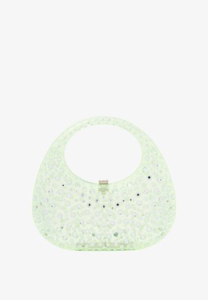 Áttetsző világoszöld kézitáska, lekerekített formával, kör alakú flitterekkel díszítve, középen csattal záródik.