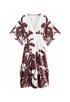 Valkoinen mekko burgundy-kasviprintillä, V-pääntiellä, löysillä hihalla ja kerroksilla röyhelöitä helmassa, valmistettu kevyestä kankaasta.