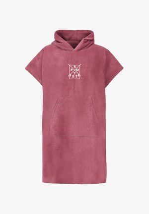 Roze microfleece poncho met capuchon, korte mouwen, grote voorzak en witte logo-afbeelding op de borst. Zachte, gestructureerde afwerking.
