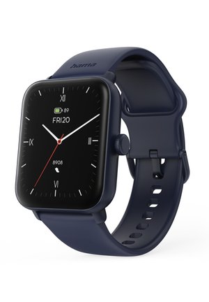 Smartwatch with navy blue band, black square face showing time, date, battery level, and step count on a digital screen.
