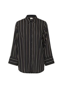 Camicia button-up con motivo a righe verticali nere e beige, dotata di colletto, maniche a tre quarti e orlo arrotondato. Tessuto morbido.