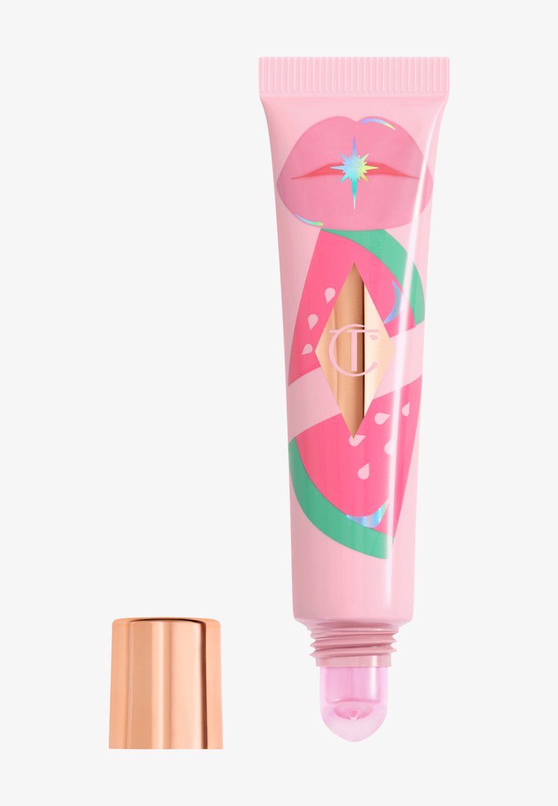 Pink tube with stylized watermelon and lips design, featuring a rounded applicator tip and gold metal cap. Smooth finish, vibrant colors.