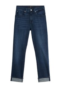 Jeans in denim scuro con gamba dritta, orli arrotolati, design a cinque tasche e chiusura con bottone in metallo. Il tessuto ha una consistenza liscia.