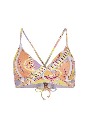 Wielokolorowy biustonosz bikini w kształcie trójkąta, z wyrazistym geometrycznym wzorem w różowym, żółtym i lawendowym kolorze. Regulowane zapięcie na sznurki u podstawy.