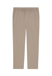 Pantaloni leggeri color beige con vita elasticizzata, tasche laterali e tessuto morbido; progettati per il comfort e l'abbigliamento casual.