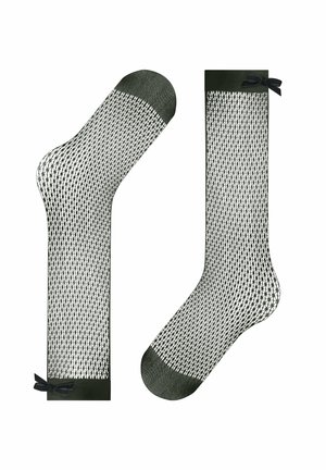 Calze nere in rete con design a rete, con punta solida e un fiocco decorativo nella parte superiore dello stile al ginocchio.